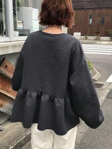 FRIFUL Sweatshirt Wanita Bermotif Berlian Berquilting, Potongan Longgar, Leher Bulat, Pinggang Berkerut, Sambungan Huruf Kontras - Hitam - View 5