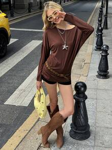SHEIN EZwear Women's Coffee Brown Autumn Casual Everyday Blouse,Elegant Round Neck Batwing Long Sleeve Tie-Waist Regular Fit X-Shaped Fashion Urban Commute Tops - Brown - View 5