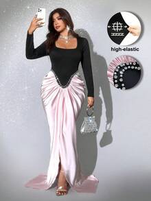 Viva Relle Plus Size Women's Elegant Party Dress,Blush Pink,Autumn,Formal,Taffeta Patchwork Elastic Square Neck Long Sleeve Waist Cinched Mermaid Dress - Multicolor - View 1
