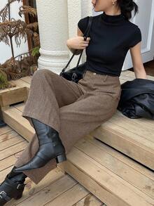 DAZY 女式人字纹羊毛混纺直筒九分裤，秋冬休闲长裤