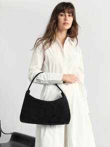 女士时尚简约风格麂皮单肩包，配五金饰边 - 黑色 - 查看 8