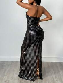 SHEIN BamGlam Women's Sequin Mesh Sheer Bodycon Bandeau Dress - Black - View 2