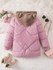 SHEIN Tween Girl Thickened Pants, Plush Hat With 3D Ear Decor, Cute Winter Jacket Fall - Baby Pink - View 2