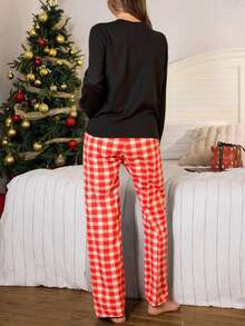 EURMUSE Women Cotton SANTA Lettered Christmas Homewear Comfort Pajama Set Home Black And White Red Plaid Autumn Kawaii - Black - View 2