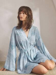 Ocili 休闲简约光滑睡袍，印花舒适垂坠女士睡衣，时尚秋夏睡袍轻薄蓝色睡袍，冬季 - 藍色 - 查看 2