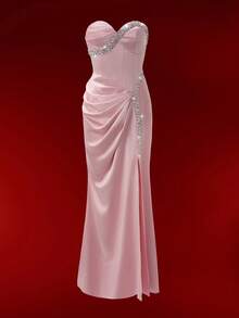 Almamuse Váy midi xẻ cao xếp nếp đính kim cương pha lê dành cho nữ, không dây, màu hồng - Hồng - Xem 1