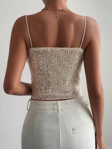 Strévra Shiny Sequin Camisole Top For Women, Elegant For New Year, Christmas, Wedding, Party, Formal Events, Autumn/Winter Glitter Top Carnival - Gold - View 3