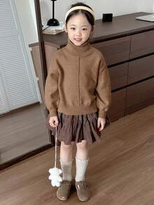Dazy Kids Young Girls Solid Color Turtleneck Sweater, Autumn - Khaki - View 3