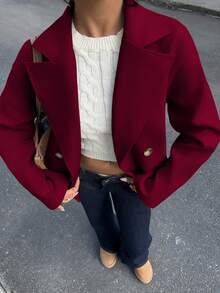 Flirla 杏色翻领，双排扣，带口袋，长袖，短款大衣，时尚，通勤，办公，休闲，优雅，复古，学院风，日常，约会，女士，秋冬 - 酒紅色 - 查看 7