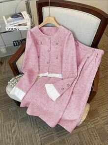 GlowEve 女士单排扣圆领长袖外套和中长裙优雅两件套 - 粉色 - 查看 1