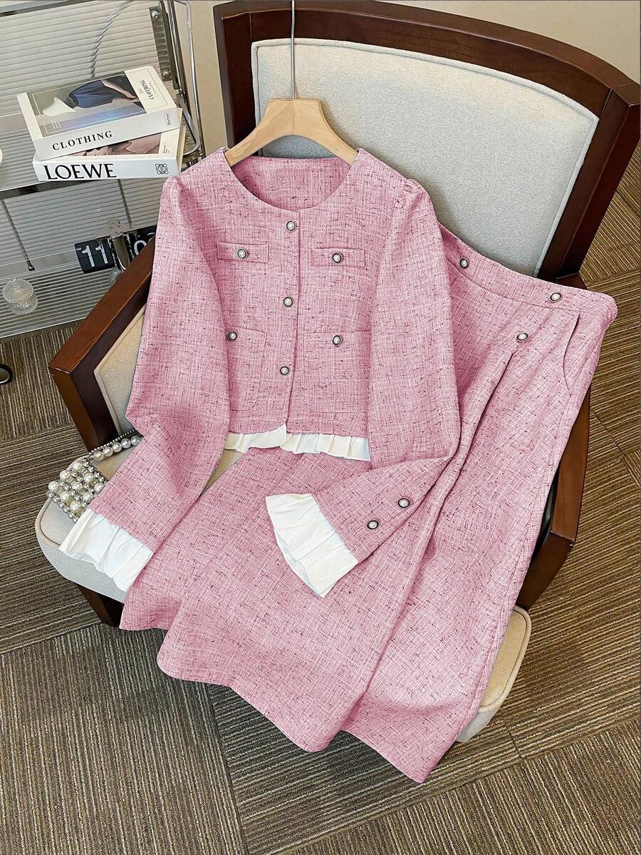 GlowEve 女士单排扣圆领长袖外套和中长裙优雅两件套 - 粉色 - 查看 1