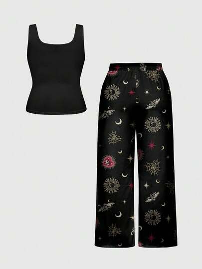 Goth Plus Size Gothic Heart Eye Snake Sun Moon Spider All-Over Print Tank Top And Pants Pajama Set, Casual Loungewear