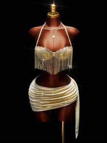 Amplova Sequin Tassel Crop Top & Ruffle Asymmetric Hem Mini Skirt 2 Pieces Set, Sexy Party Outfit - Gold - View 5