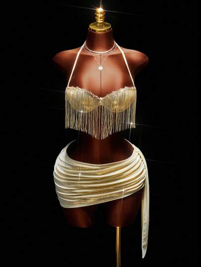 Amplova Sequin Tassel Crop Top & Ruffle Asymmetric Hem Mini Skirt 2 Pieces Set, Sexy Party Outfit