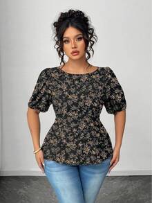 Elenzga Plus Size Casual Ditsy Floral Shirt With Tie-Back Design - Multicolor - View 3
