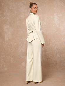 Lumalex 立领镂空腰部金属纽扣收腰直筒短裤，女士长袖套装 - 米色 - 查看 6