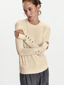 Lumivelle All-Match Round Neck Casual Versatile Long Sleeve Knit Undershirt Cream Top Button Top Neutral Tops Neutral Clothes For Women Ribbed Shirt - Apricot - View 2