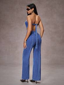 SHEIN EZwear Bộ đồ liền thân denim hở lưng gợi cảm thời trang nữ - Màu xanh lam - Xem 7