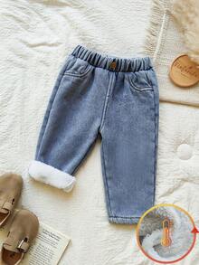 Vintaside Kids Pantaloni di jeans lavati versatili e semplici con fodera in pile, adatti per bambini maschi in autunno/inverno, ideali per uso casual a casa, passeggiate e shopping
