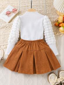 Elladie kids Set de 2 piezas de ropa casual para niñas: Blusa de manga larga con mangas abullonadas en negro + Falda de pana caqui con lazo, estilo dulce y retro, cómodo para uso diario, viajes, escuela, fiestas - Multicolor - Ver 2