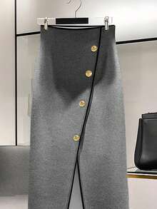 Franclia 优雅高腰开衩裙，时尚显瘦，适合秋冬 - 灰色 - 查看 5