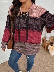 SHEIN LUNE 加大码女式撞色插肩袖抽绳连帽休闲卫衣 - 彩色 - 查看 6