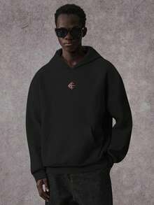 STYNVO 男士字母印花长袖口袋休闲连帽衫 黑色图案连帽衫 加厚连帽衫 男士连帽衫 男士交叉连帽衫 - 黑色 - 查看 6