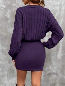 SHEIN Clasi Women's Fashion Drop Shoulder Long Sleeve Button Design Knitted Dress, Autumn/Winter - Purple - View 2