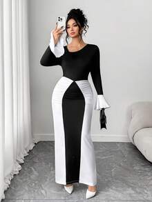 Elenzga 女士优雅不对称领撞色收腰长袖连衣裙，秋冬款 - 黑與白 - 查看 3