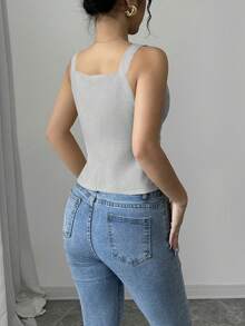 Elenzga Front Button Casual Solid Color Sleeveless Women Tank Tops - Grey - View 2