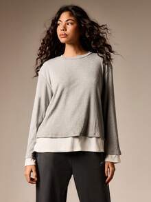AiiRZ Long Sleeve Double Layer Crew Neck Ribbed Knit Top With Contrast Layering Detail Fall Winter Casual - Multicolor - View 1