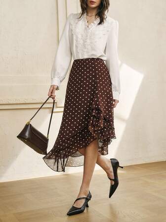 Cévolie Romantic Vintage Polka Dot Asymmetrical Hem Skirt, Flattering And Versatile, New Arrival For Autumn