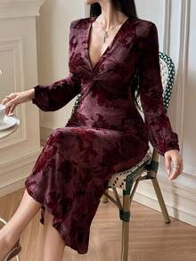 DAZY Vestido Elegante Sexy Ajustado com Estampa Floral e Decote em V para Mulheres - Vermelho - Visão 6