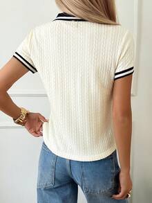 DAZY Women's Summer Contrast Color Collar Short Sleeve Textured Loose Pullover Knit Top - Apricot - View 6