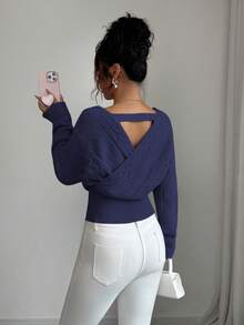 SHEIN Elenzya 女士V领长袖收腰露背时尚毛衣，秋冬款 - 藏蓝色 - 查看 5