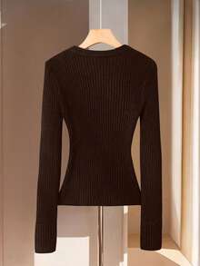GlowEve Sweater Leher Bulat Hitam Asimetris 2-in-1 Bergaya Mewah, Gaya Korea Minimalis untuk Wanita di Musim Gugur - Coffee Brown - View 2