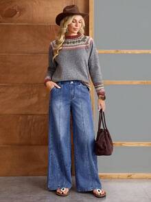 EMERY ROSE 女式高腰口袋阔腿宽松休闲百搭牛仔裤 - 藍色 - 查看 7
