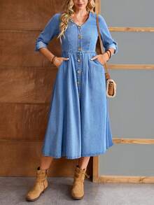 EMERY ROSE Women's V-Neck Ruffle Sleeve Single-Breasted Pocket Casual Denim Dress
