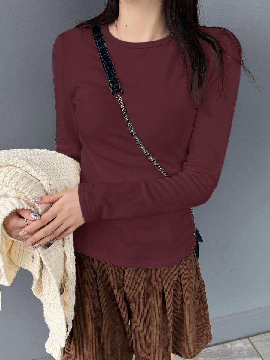 FRIFUL 女款純色圓領長袖休閒保暖內裡T恤校園風 - 酒紅色 - 查看 1