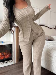 SHEIN 女士圆领开衫，开衩下摆，修身长袖上衣和裤子睡衣套装，两件套休闲睡衣，长袖家居服，舒适套装，秋冬服装 - 卡其色 - 查看 3