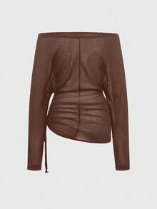 ROMWE EDITION Kpop Cross & Letter Print Off-Shoulder Long Sleeve T-Shirt For Women, Romantic Punk Style - Coffee Brown - View 2