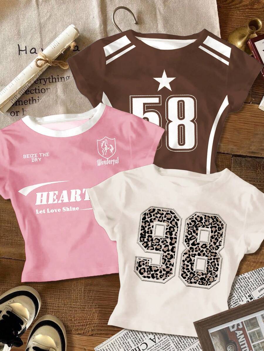 SHEIN 3件套少女休闲简约豹纹、数字、城市字母图案圆领短袖高腰露脐常规T恤，适合夏季穿着 - 彩色 - 查看 1