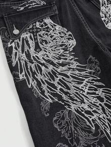 ROMWE Grunge Punk Women's Retro Punk Street Style Cross Vine Wing Embroidered Cross Knee-Length Shorts - Black - View 4