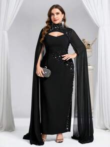 Coutiva Luxury Evening Gown, Stand Collar Long Sleeve Rhinestone Embellished Elegant Formal Dress - Black - View 3