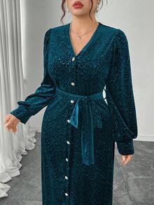 Modelyn Plus Size Women V-Neck Lantern Sleeve Velvet Embossed Elegant Party Dress - Blue - View 6