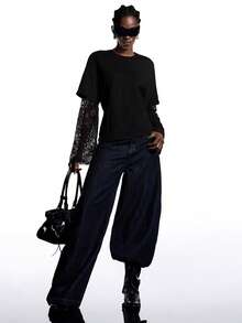 LYSMO Women's Black Autumn Chic Night Out Basic Loose Round Neck Drop Shoulder Contrast Color Lace T-Shirt,French Elegant Knitted Trumpet Bell Long Sleeve - Black - View 6
