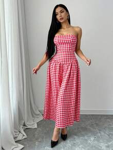 INAWLY Robe évasée sans bretelles à taille cintrée à carreaux rouges pour femmes - Rouge - Voir 4