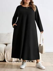 SHEIN CURVE+ 加大码黑色长袖宽松 A 字中长连衣裙，时尚秋冬连衣裙 - 黑色 - 查看 3