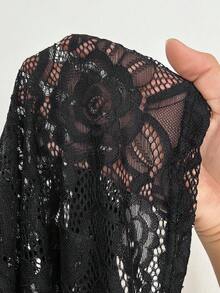 Viva Relle 大码女式新款优雅性感派对连衣裙，纯色面料，蕾丝镂空性感设计，高端美学，褶皱腰身，蘑菇纽扣装饰，收腰设计，百搭款式 - 黑色 - 查看 7