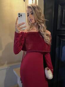 Elyressa 25件新款秋冬露肩可拆卸毛领修身女装 - 酒紅色 - 查看 1